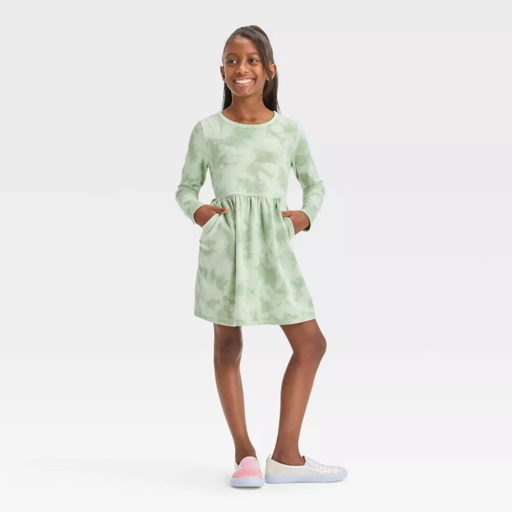 Cat & Jack - Girls' Long Sleeve French Terry Tie-Dye Dress - Dusty Green - Picture 3 of 9